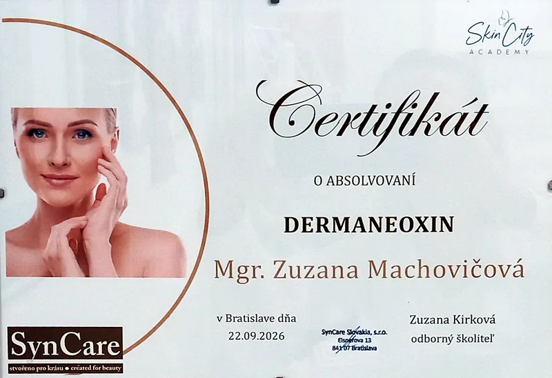 Certifikát SynCare pre Mgr. Zuzanu Machovičovú o absolvovaní školenia Dermaneoxin