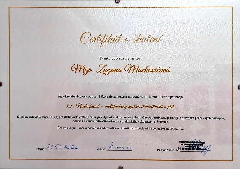 Certifikát o odbornom školení Mgr. Zuzany Machovičovej na kozmetický prístroj 3 v 1 Hydrafacial