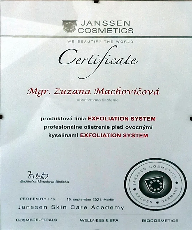 Certifikát Janssen Cosmetics pre Mgr. Zuzanu Machovičovú – produktová línia Exfoliation System