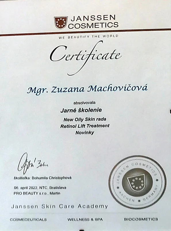 Certifikát Janssen Cosmetics pre Mgr. Zuzanu Machovičovú z jarného školenia – Retinol Lift Treatment a rada Oily Skin