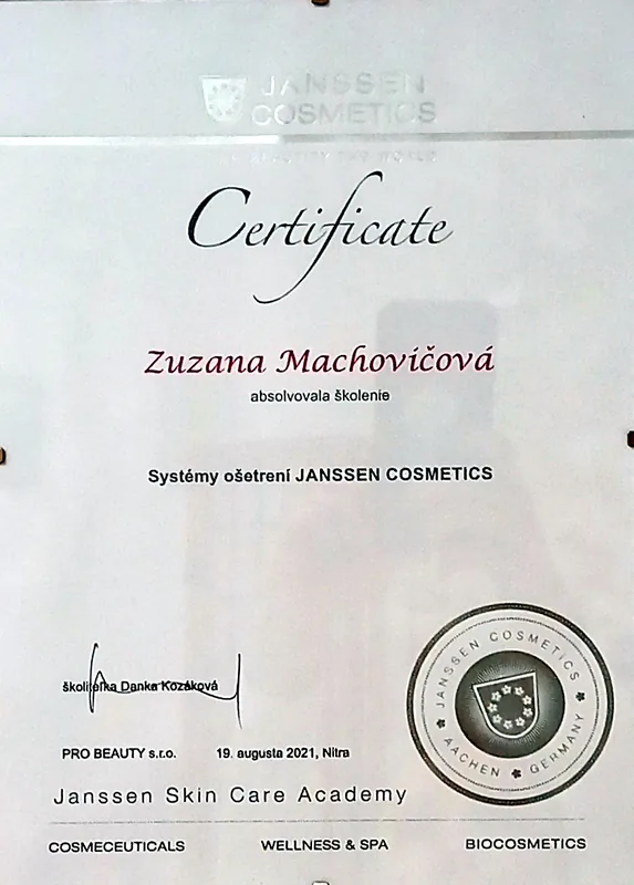Certifikát Janssen Cosmetics pre Zuzanu Machovičovú zo školenia Systémy ošetrení Janssen Cosmetics