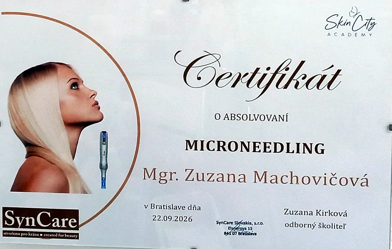 Certifikát SynCare pre Mgr. Zuzanu Machovičovú o absolvovaní školenia Microneedling