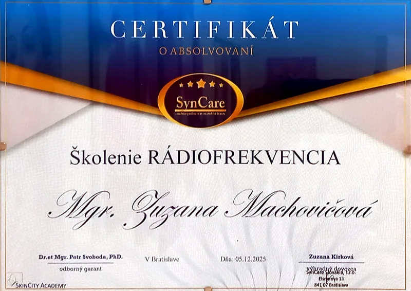 Certifikát SynCare pre Mgr. Zuzanu Machovičovú o absolvovaní školenia Rádiofrekvencia