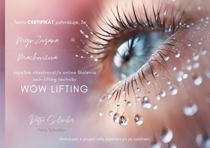 Certifikát pre Mgr. Zuzanu Machovičovú o absolvovaní online školenia lash-lifting techniky WOW LIFTING